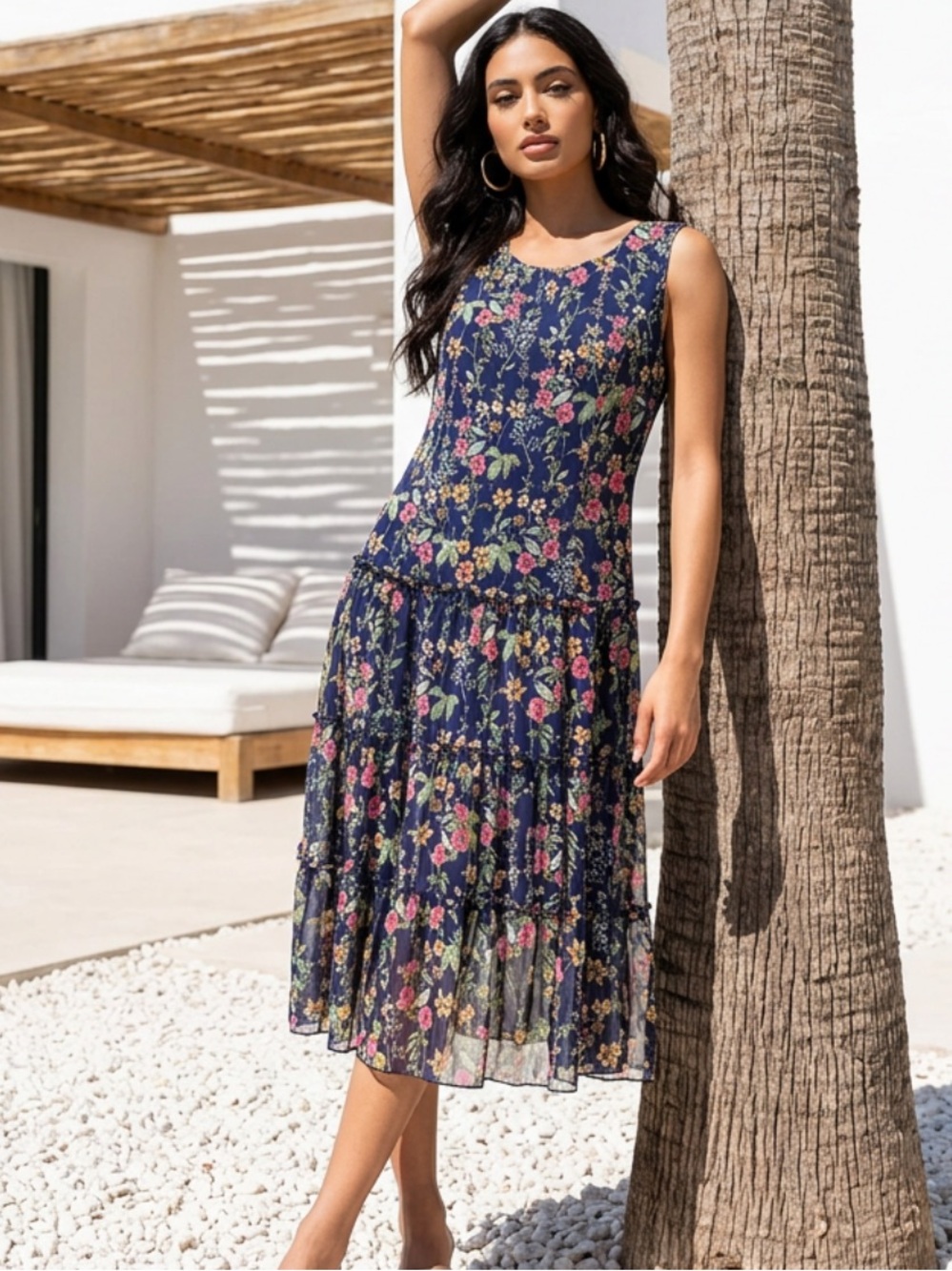 Sleeveless Navy Floral Tiered Midi Dress